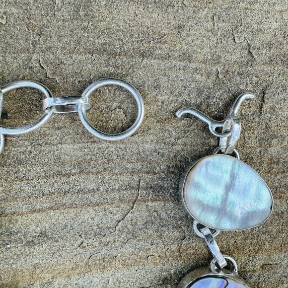 VTG Link Bracelet Size 7.5 MOP Shell Teardrop Cabs 925 Sterling Silver 21.5g - Picture 8 of 12